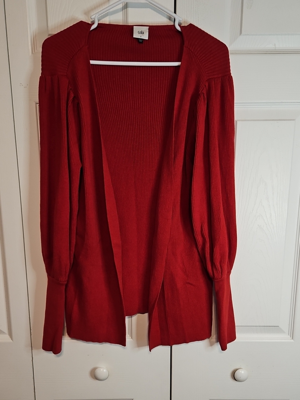 CAbi Crimson Ribbed Open-Front Cardigan with Balloon Sleeves